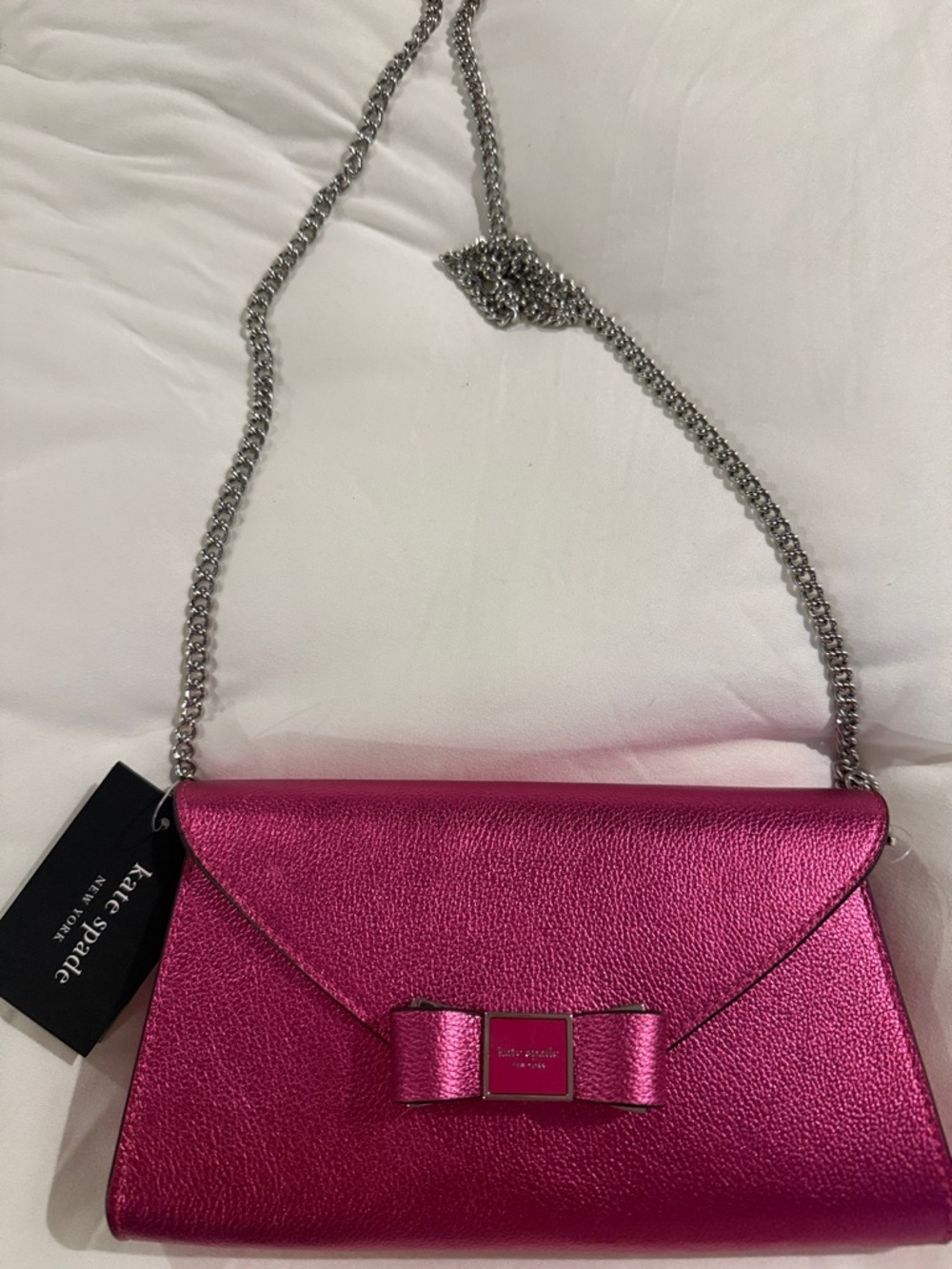 kate spade metallic fuchsia bow chain crossbody